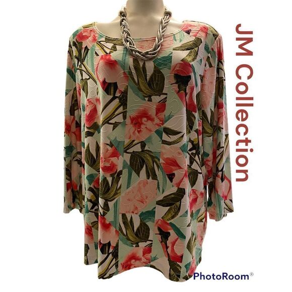 JM Collection SZ 1X Woman’s Beautiful Peony Patches Blouse - Picture 1 of 11